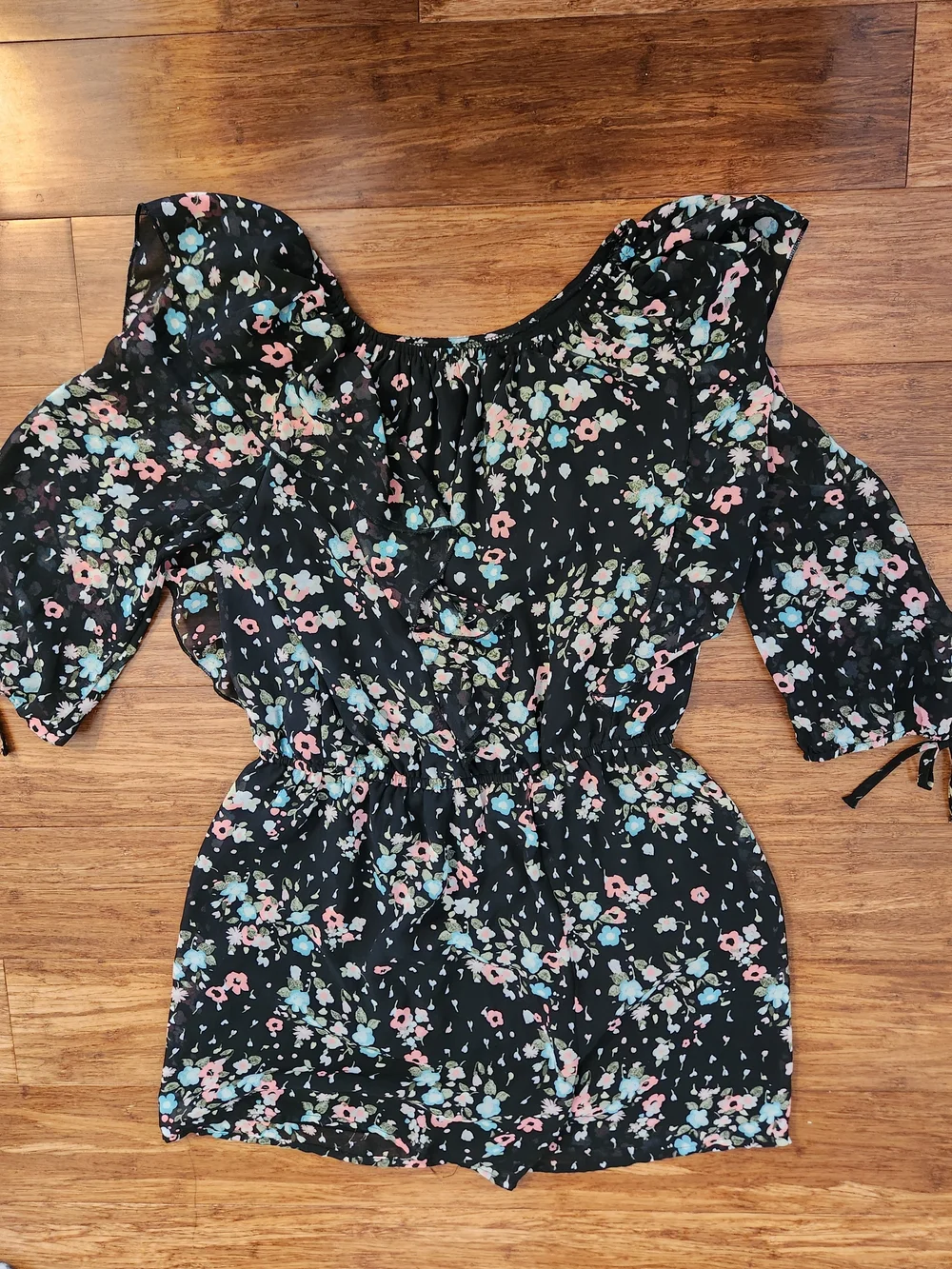 Justice Girl's Black Floral Girls Shorts Romper Quarter Length Sleeves, Size 16